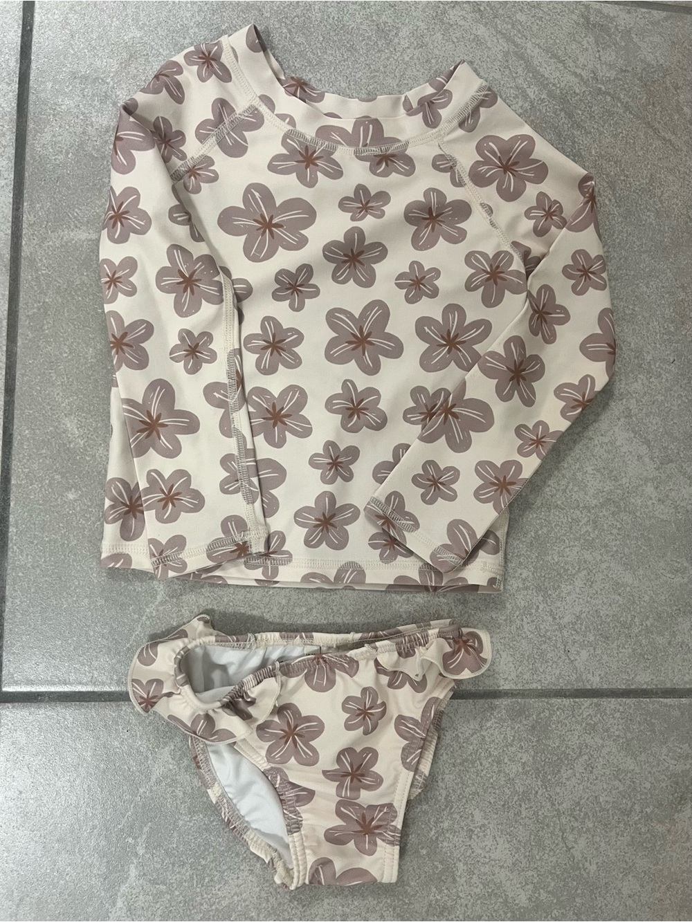 Rylee + Cru Toddler Floral Rash Guard Swim Set - Cream with Brown Flowers